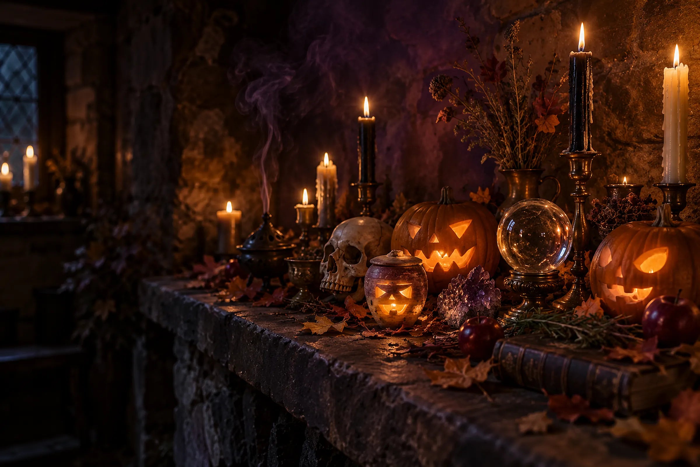 Carved pumpkins, a skull, a crystal ball and lit candles on a stone ledge on Halloween night