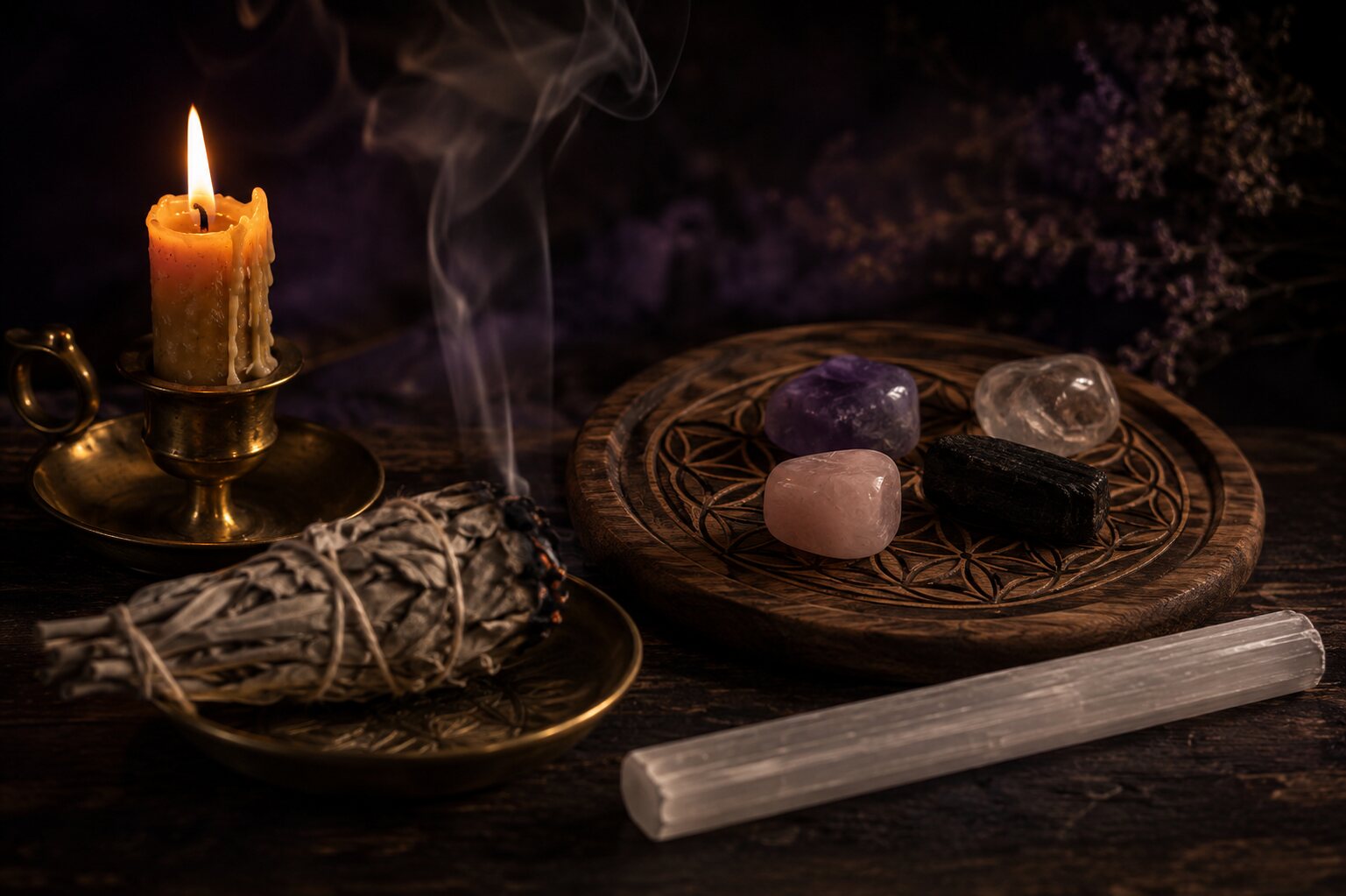 Crystals resting on a carved charging plate beside a lit candle and a smouldering smudge bundle on a dark altar table