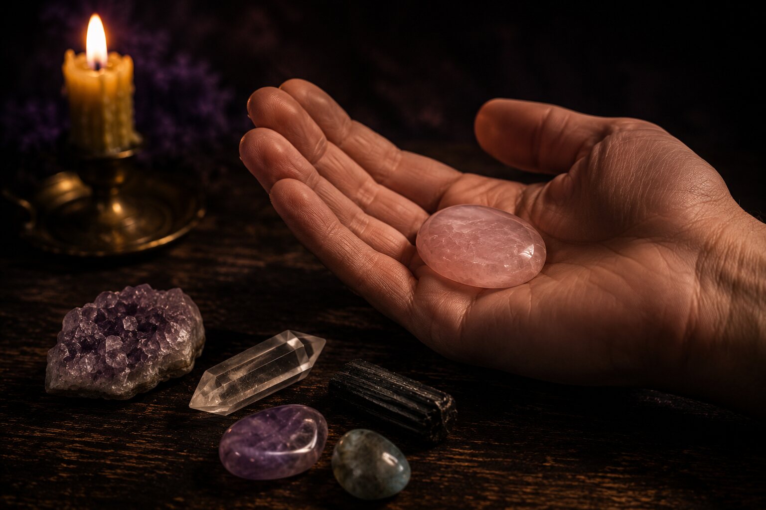 An open hand holding a rose quartz palm stone above a spread of amethyst, clear quartz and black tourmaline on dark timber