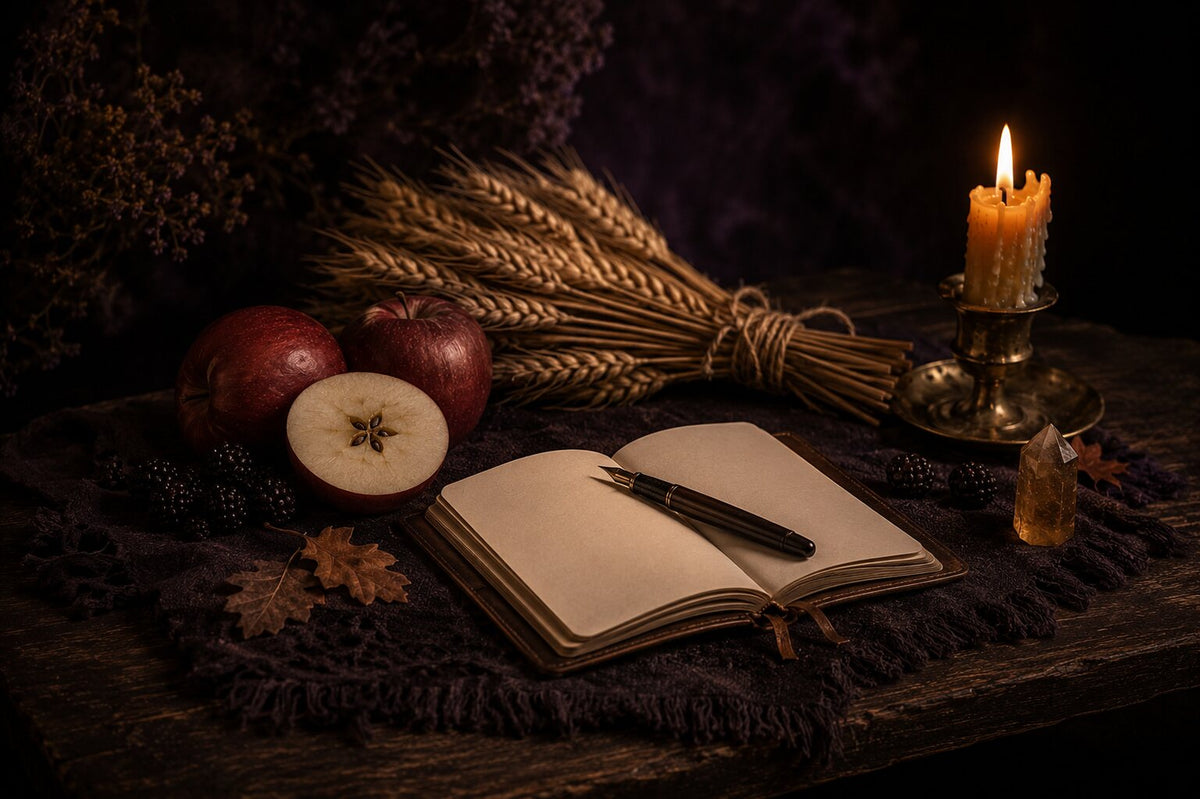 An autumn equinox altar shelf with apples, wheat, a lit beeswax candle and an open journal on a fringed cloth