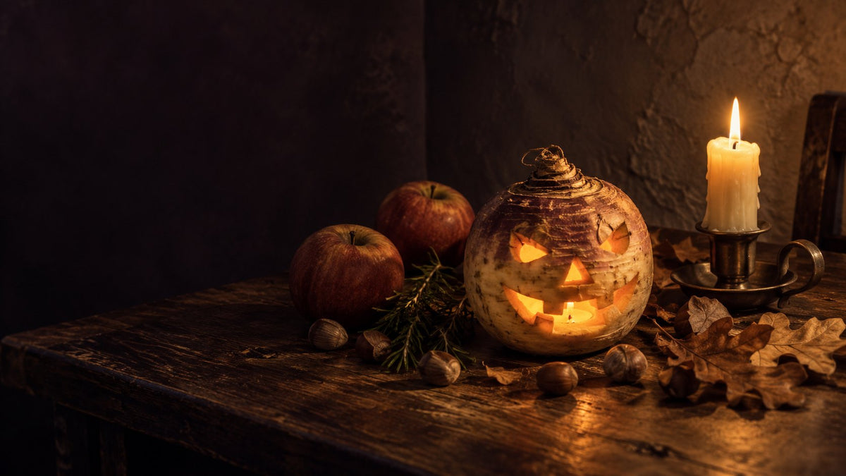 A carved turnip lantern glowing beside russet apples, hazelnuts and a single lit candle on a dark wooden table