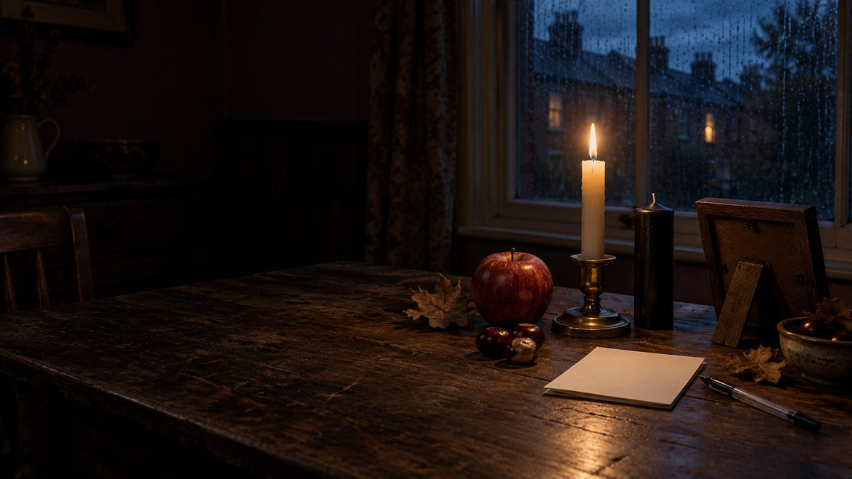 A single white candle burning on a dark wooden table beside a red apple, a folded slip of paper and a small photo frame turned away from the camera, with a dark October window behind