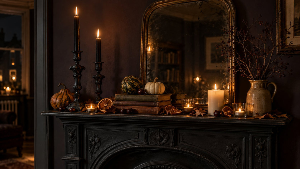 A dark mantelpiece styled for Halloween with black taper candles in ornate black candlesticks, small squashes, dried orange slices, beech leaves and an old mirror, lit only by candlelight