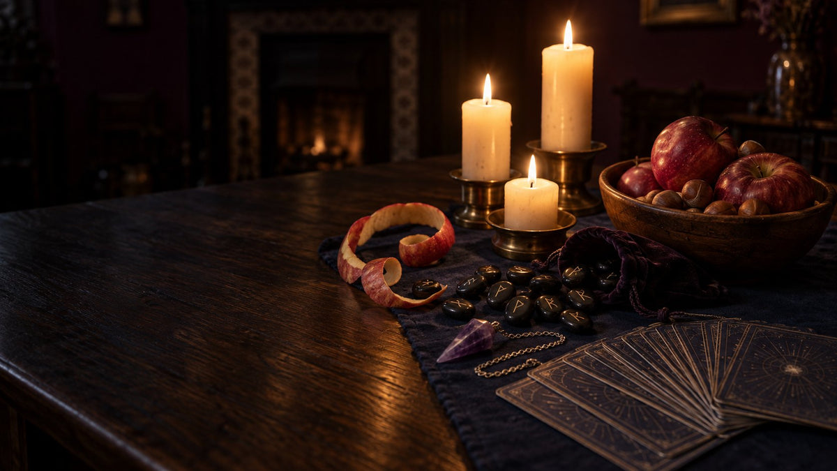 A dark wooden table set for a Halloween evening with a fan of tarot cards face down, a crystal pendulum on its chain, a scatter of rune stones, a bowl of red apples and hazelnuts, all lit by candles
