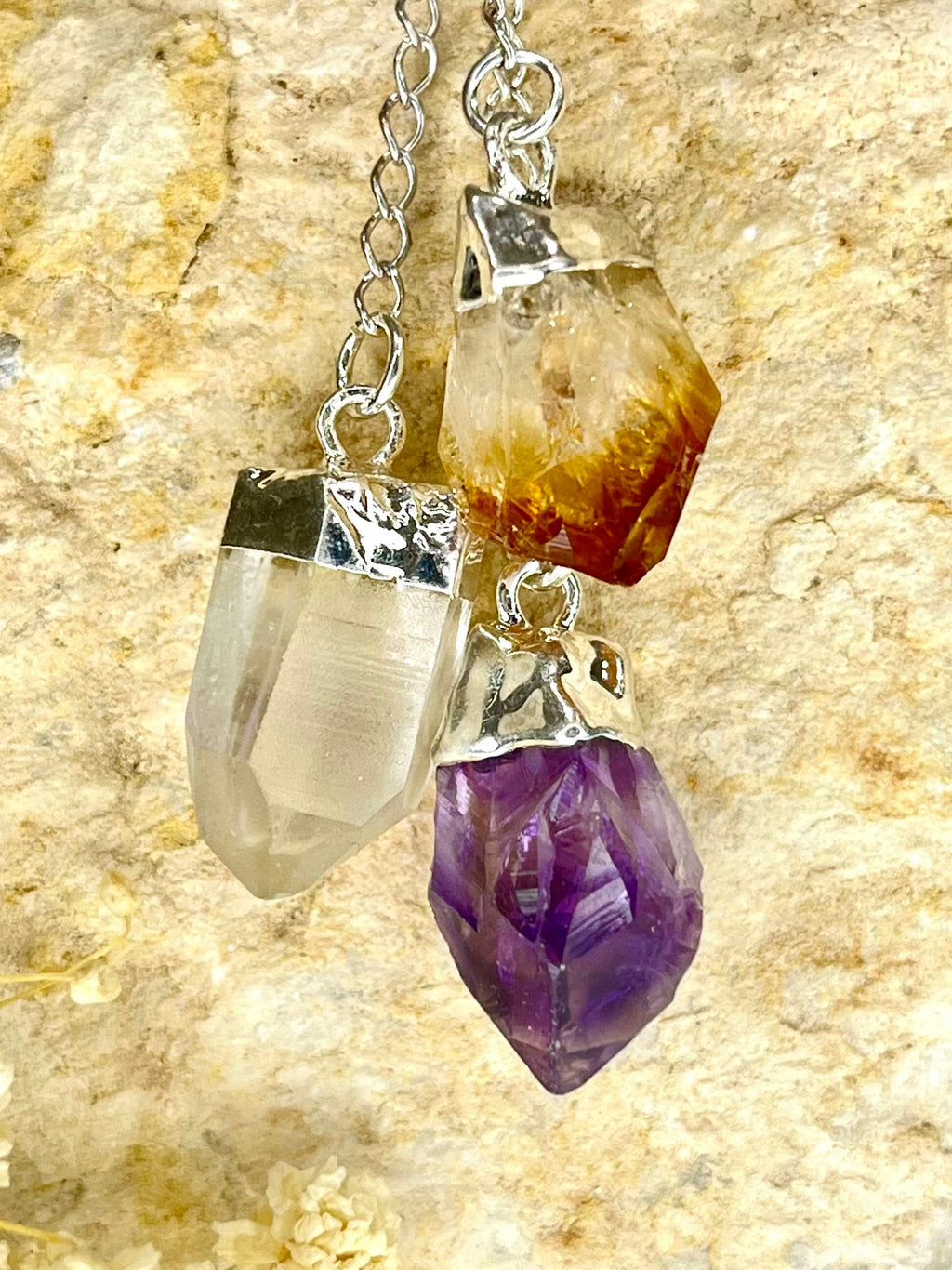 Triple Crystal Pendant Necklace – Amethyst, Citrine & Quartz (20” Silver Plated Chain)