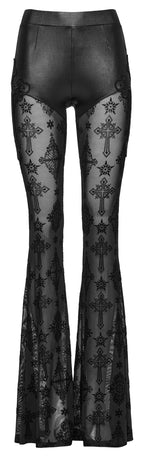 Punk Rave Seraphina Gothic Lace Flares - Cross Flocking Mesh Leggings