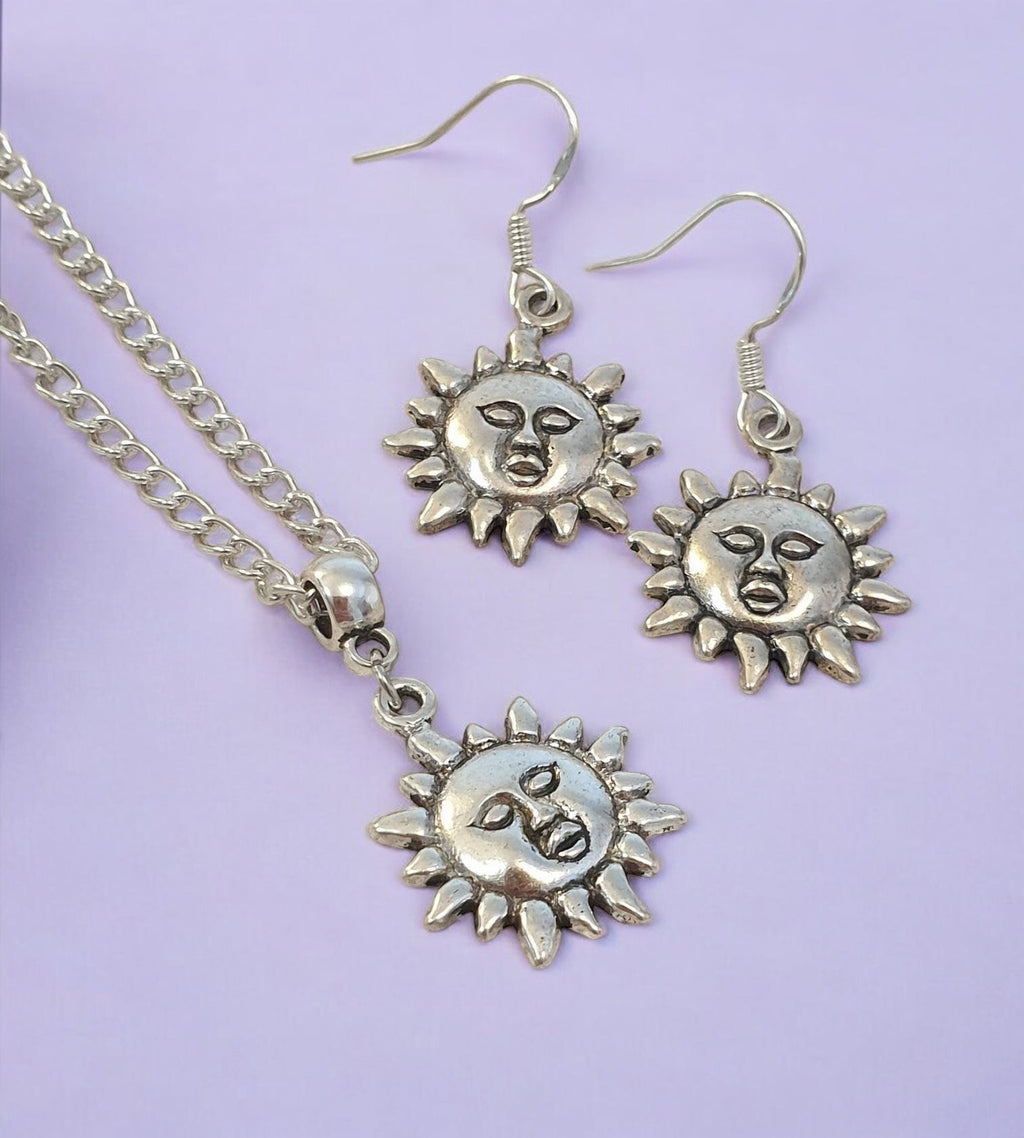 Sun Charm Jewellery Set, Dangly Earring And Necklace Set In Gift Bag, Cord Or Chain Options