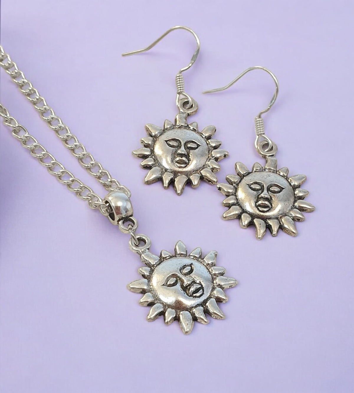 Sun Charm Jewellery Set, Dangly Earring And Necklace Set In Gift Bag, Cord Or Chain Options