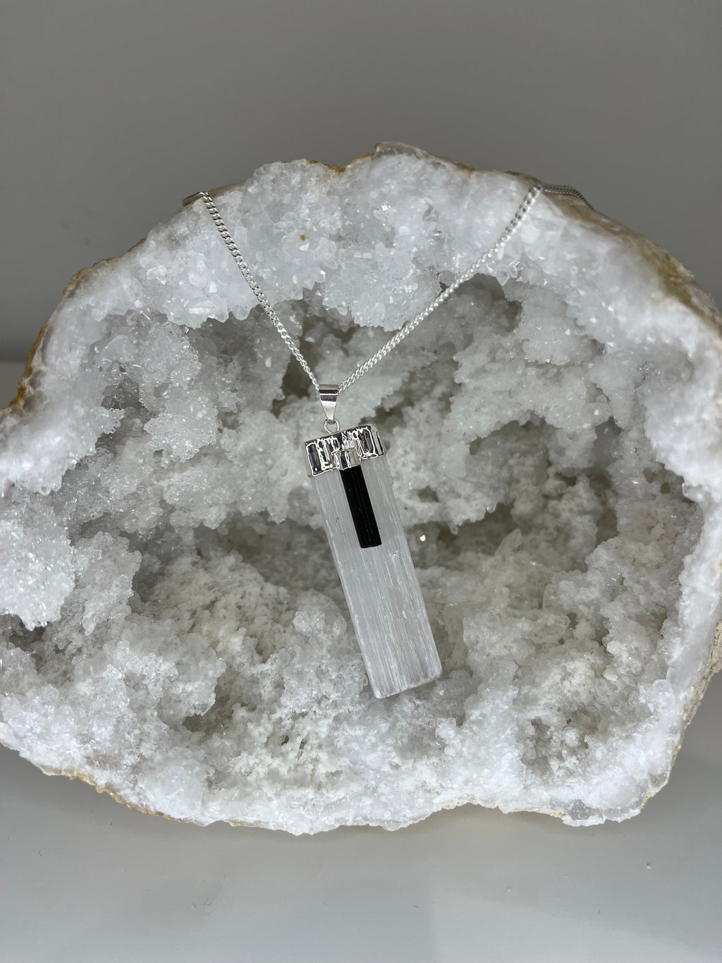 Selenite & Tourmaline Protection Wand Necklace – 20” Silver Plated