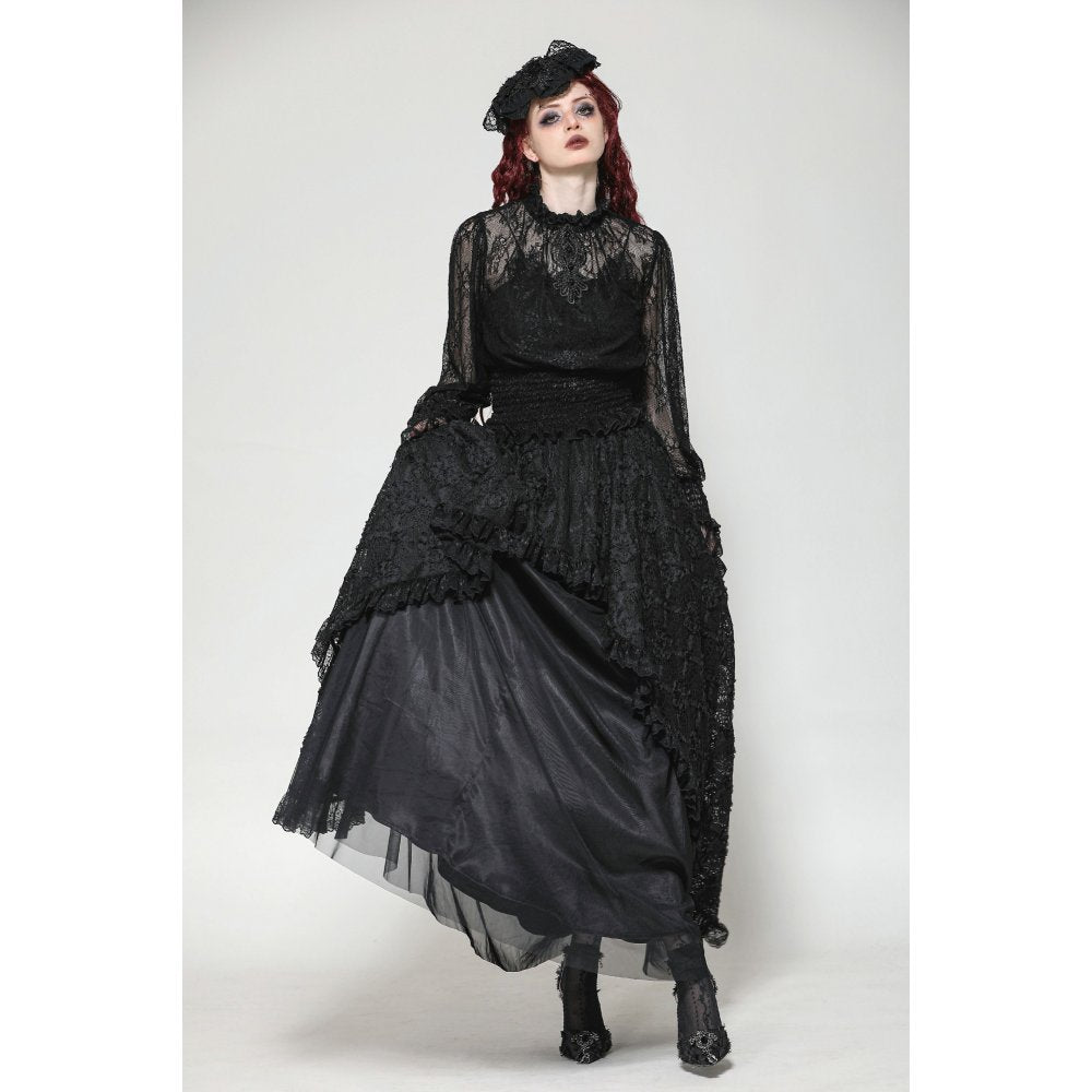 Dark in Love Aoife Black Hollow Lace Elastic Pleated Waist Eyelash Lace Cuff Top
