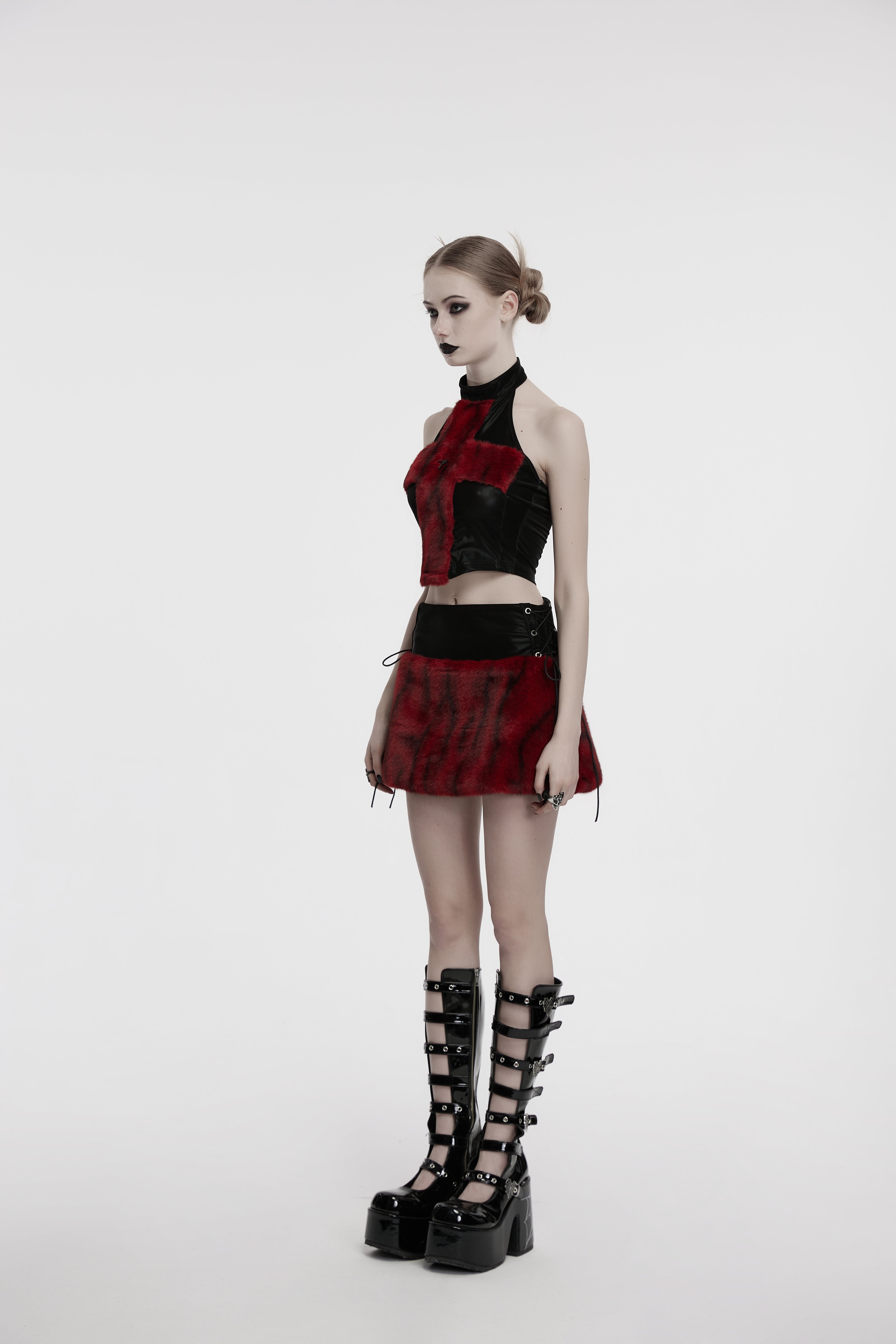 Punk Rave Valora Cross Fur Halter Top In Crimson