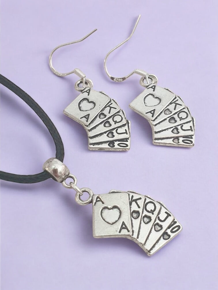 Playing Cards Charm Jewellery Set, Dangly Earring And Necklace Set In Gift Bag