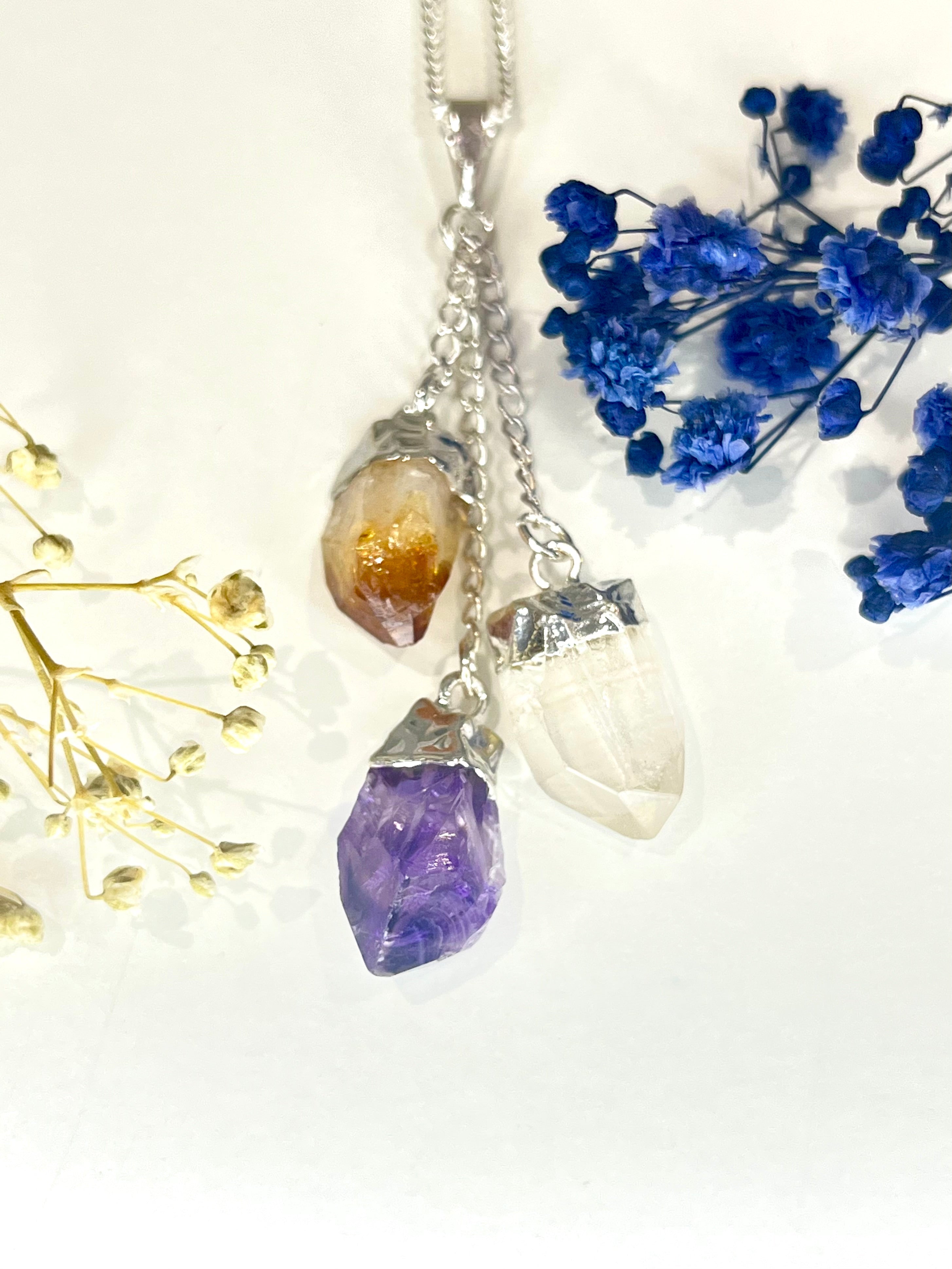 Triple Crystal Pendant Necklace – Amethyst, Citrine & Quartz (20” Silver Plated Chain)