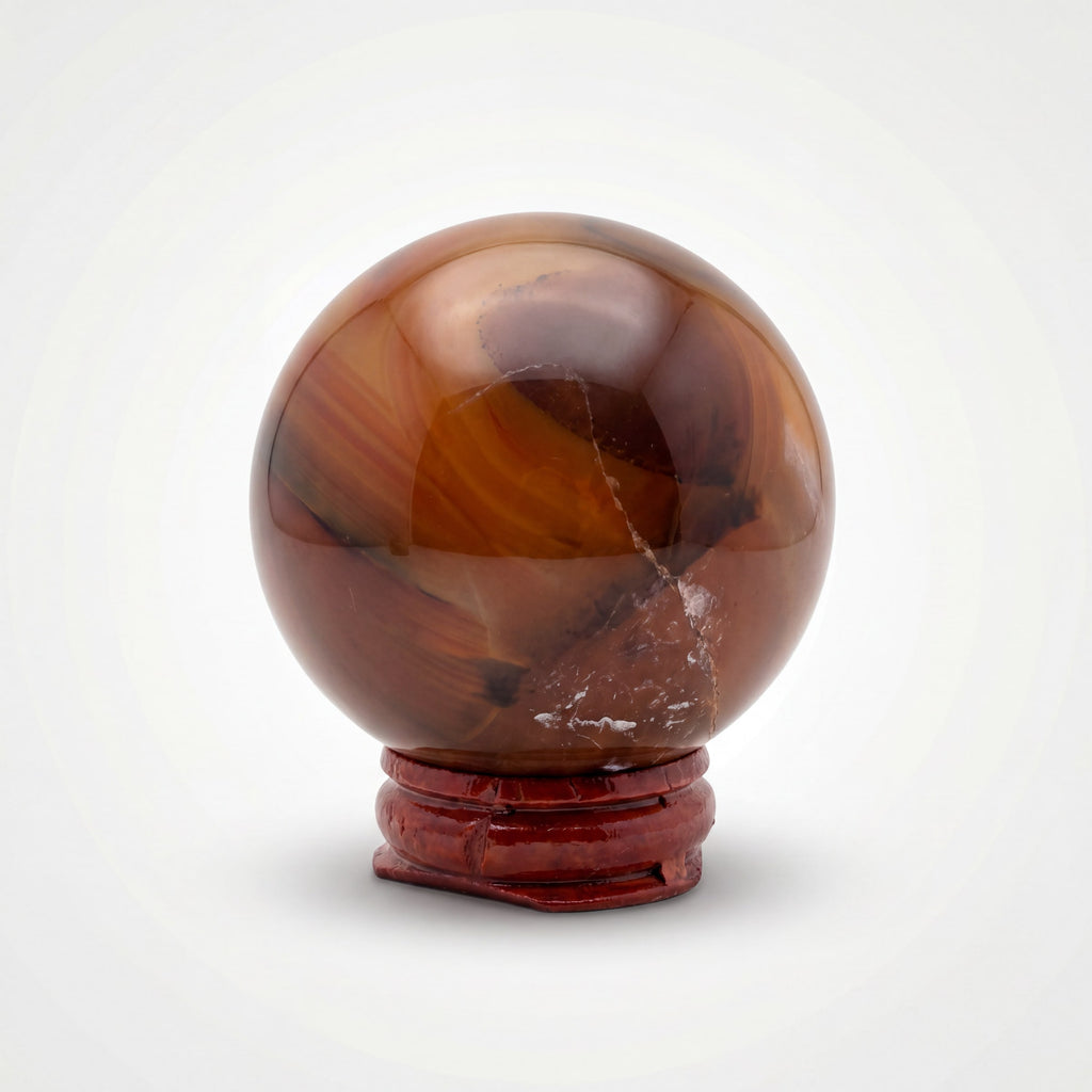 Carnelian Crystal Sphere with Wooden Stand