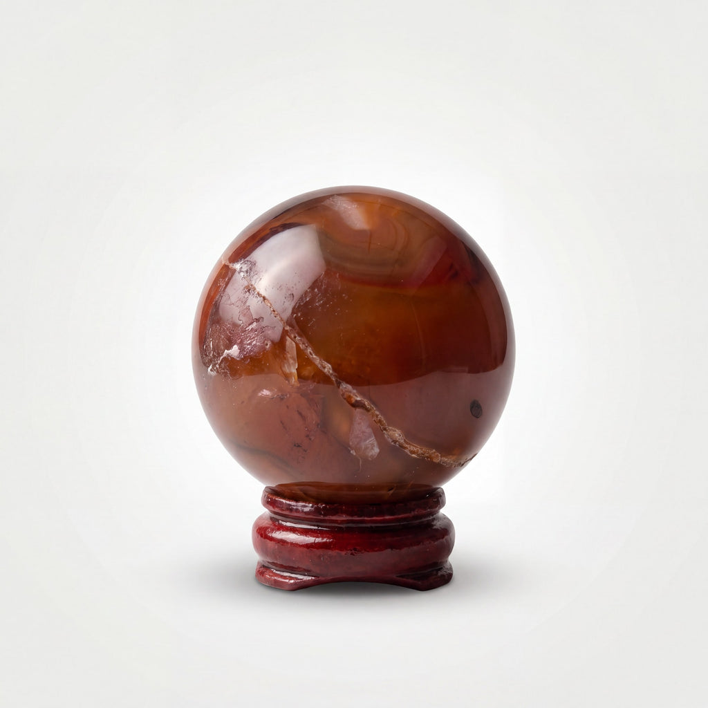Carnelian Crystal Sphere with Wooden Stand