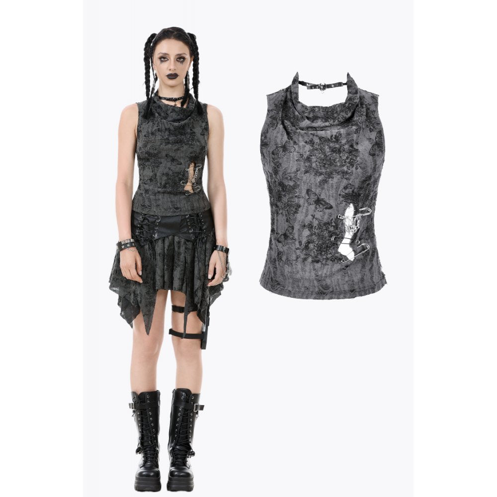 Dark in Love Shredded Butterfly Print Halter Goth Top In Grey