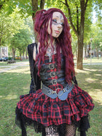Dark in Love Red-Black Plaid Leather Layered Punk Sweetcore Dress