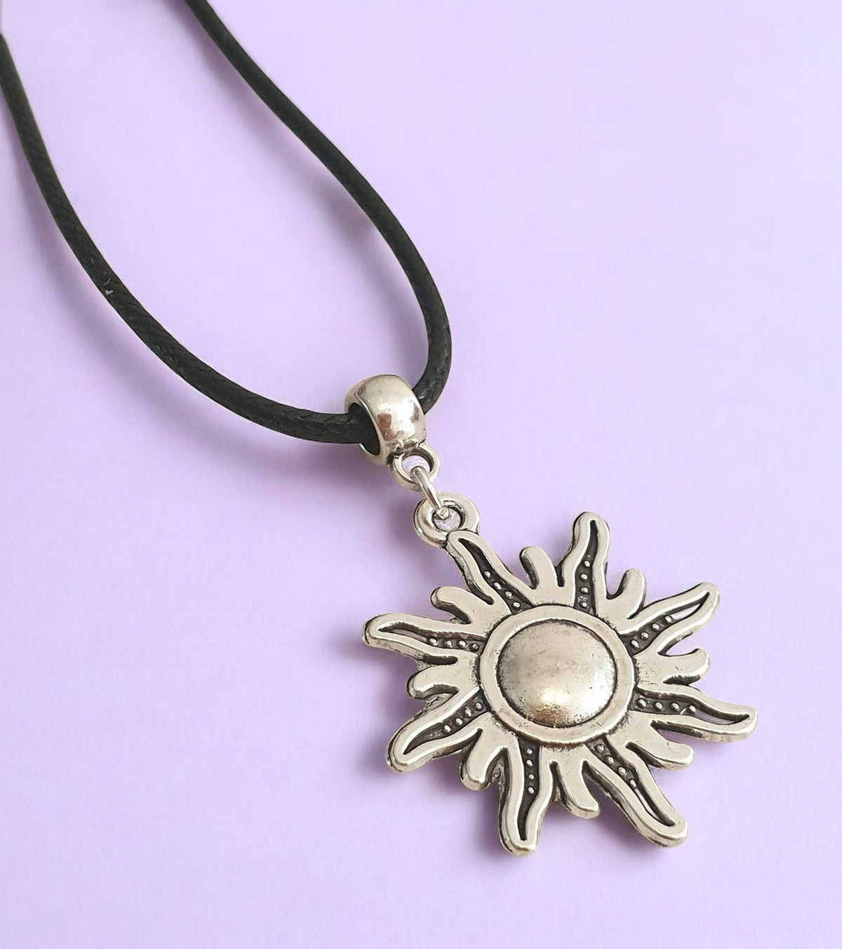 Sun Charm Necklace Silver Plated Or Waxed Cord Variable Lengths, Gift Packaged