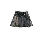 Dark in Love Sage Tartan Patchwork Leather-Waist Pleated Mini Skirt - Size UK 16 Left Only!