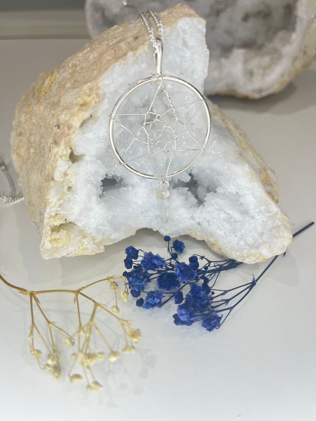 Quartz Dreamcatcher Pendant Necklace - 20” Silver Plated Chain