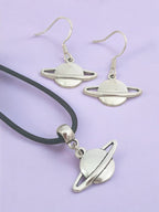 Saturn Charm Jewellery Set, Dangly Earring And Necklace Set In Gift Bag, Cord Or Chain Options