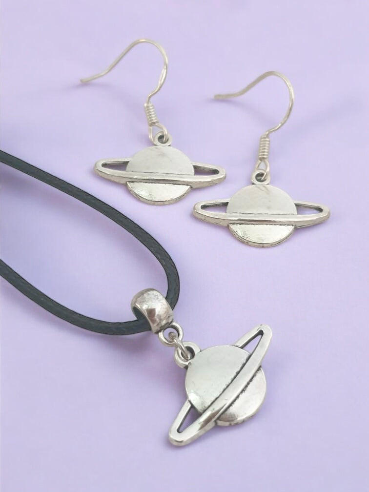 Saturn Charm Jewellery Set, Dangly Earring And Necklace Set In Gift Bag, Cord Or Chain Options