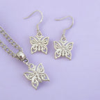 Butterfly Charm Jewellery Set, Dangly Earring And Necklace Set In Gift Bag, Cord Or Chain Options