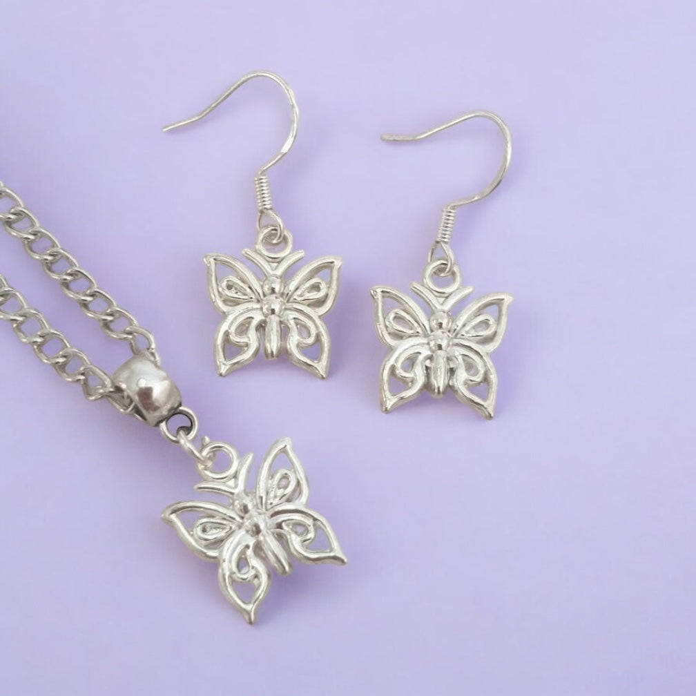 Butterfly Charm Jewellery Set, Dangly Earring And Necklace Set In Gift Bag, Cord Or Chain Options