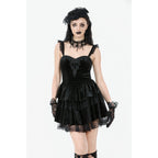 Dark in Love Nocturne Ruffled Velvet Lace Goth Dress in Black