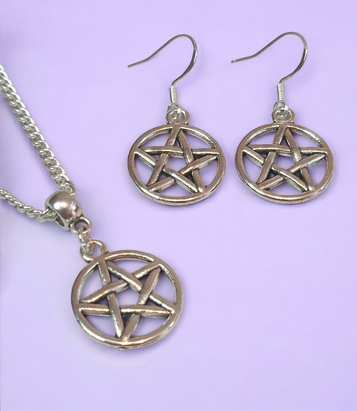 Pentagram Charm Jewellery Set, Dangly Earring And Necklace Set In Gift Bag, Cord Or Chain Options