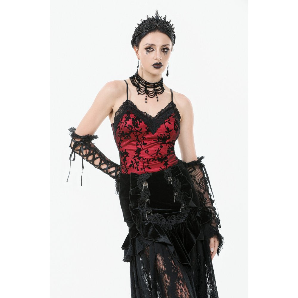 Dark in Love Gothic Lace Velvet Layered Maxi Skirt in Black