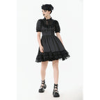 Dark in Love Belladonna Lace-Up High Collar Puff Sleeve Goth Dress  in Black