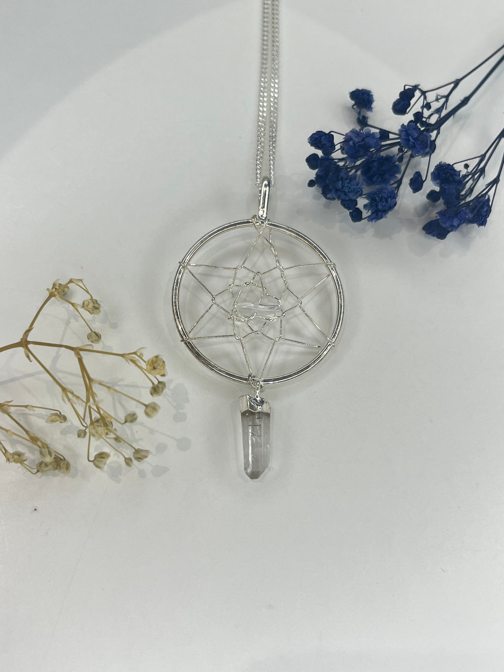 Quartz Dreamcatcher Pendant Necklace - 20” Silver Plated Chain