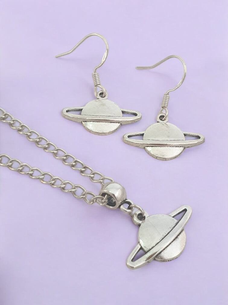 Saturn Charm Jewellery Set, Dangly Earring And Necklace Set In Gift Bag, Cord Or Chain Options