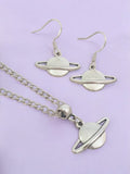 Saturn Charm Jewellery Set, Dangly Earring And Necklace Set In Gift Bag, Cord Or Chain Options