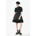 Dark in Love Belladonna Lace-Up High Collar Puff Sleeve Goth Dress  in Black