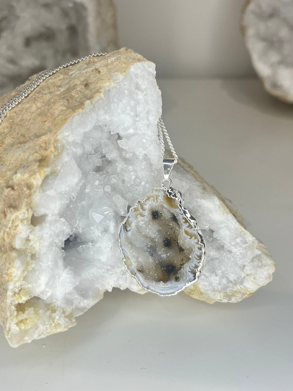 Natural Open Agate Geode Necklace - Silver Plated