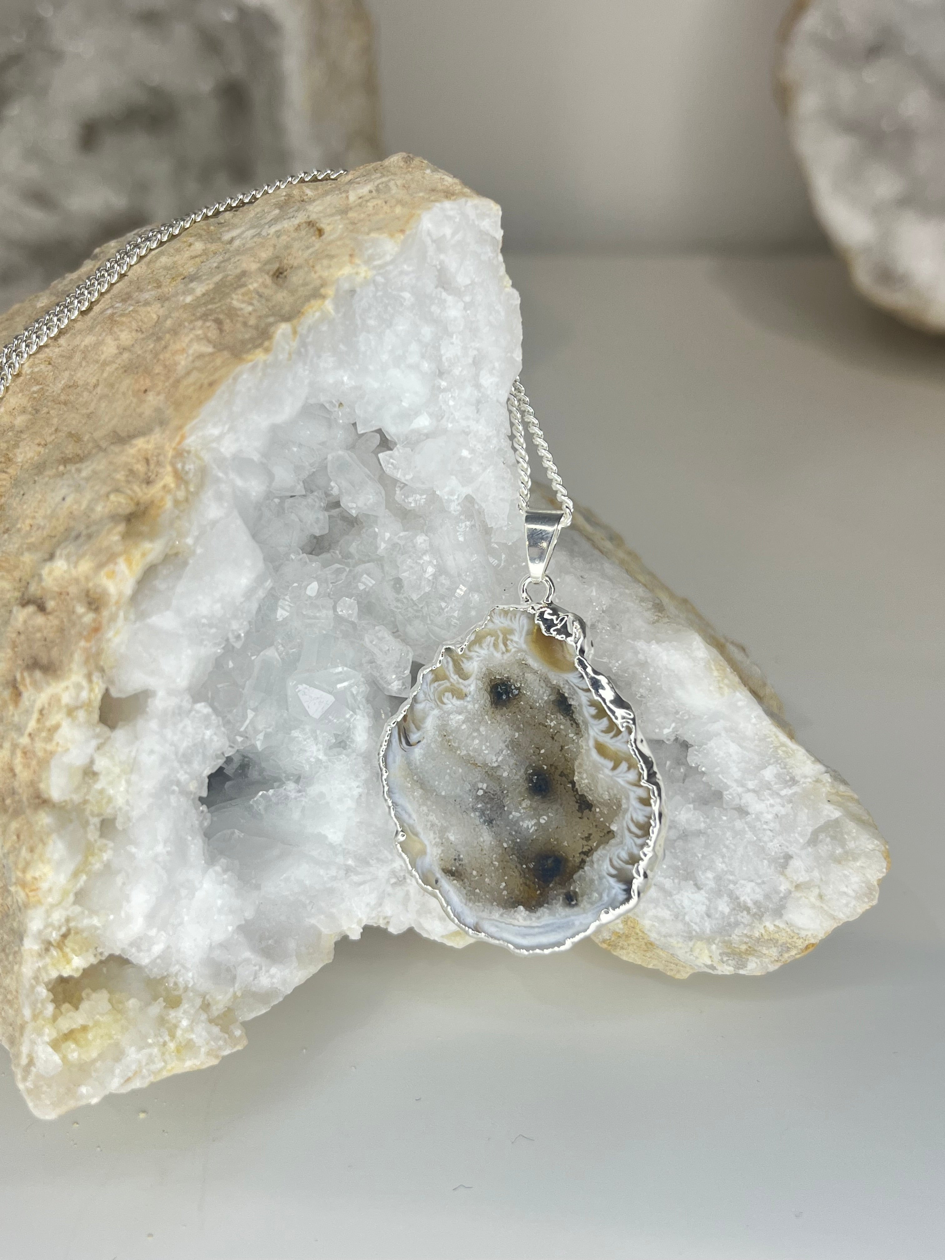 Natural Open Agate Geode Necklace - Silver Plated
