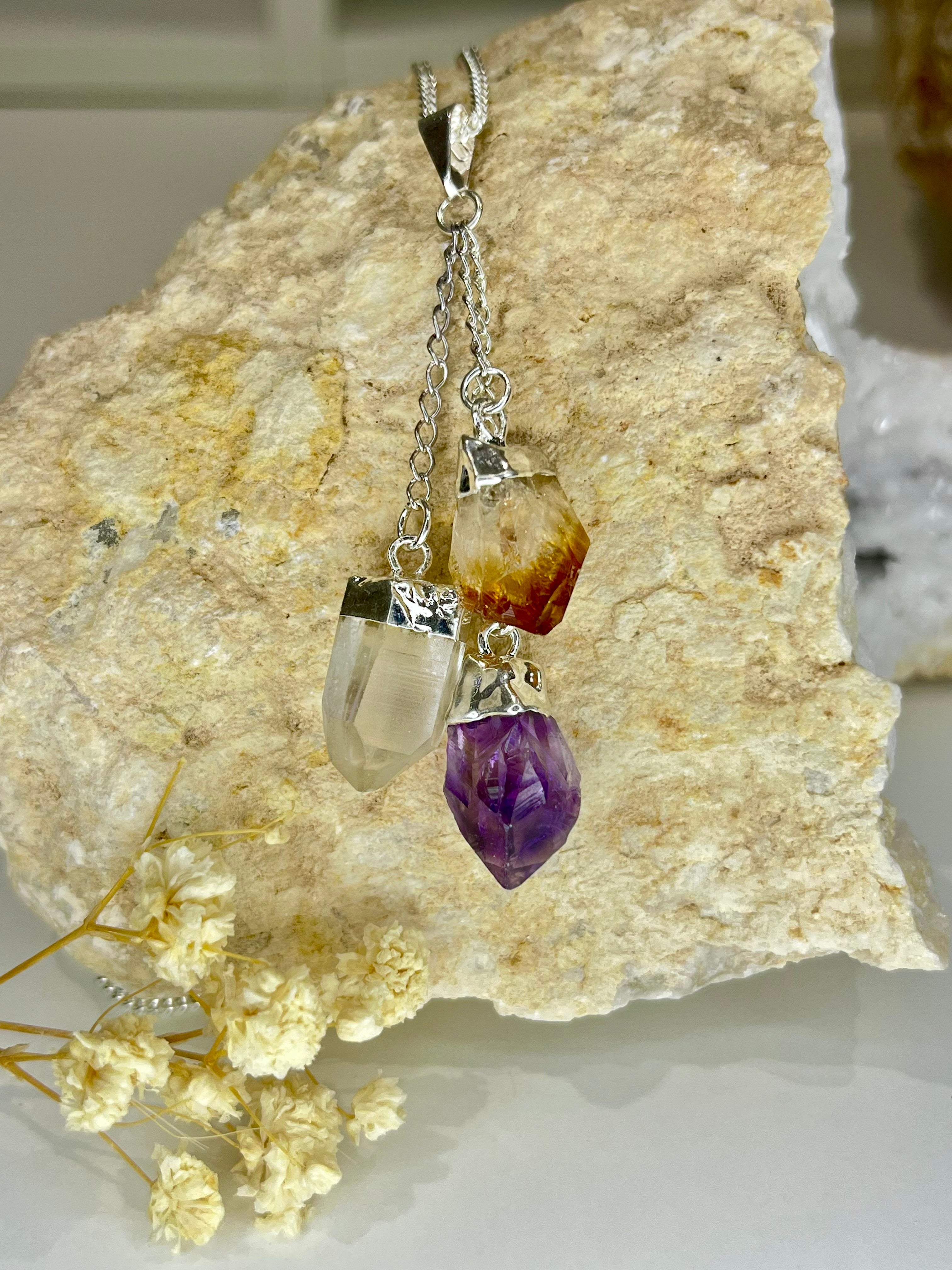 Triple Crystal Pendant Necklace – Amethyst, Citrine & Quartz (20” Silver Plated Chain)