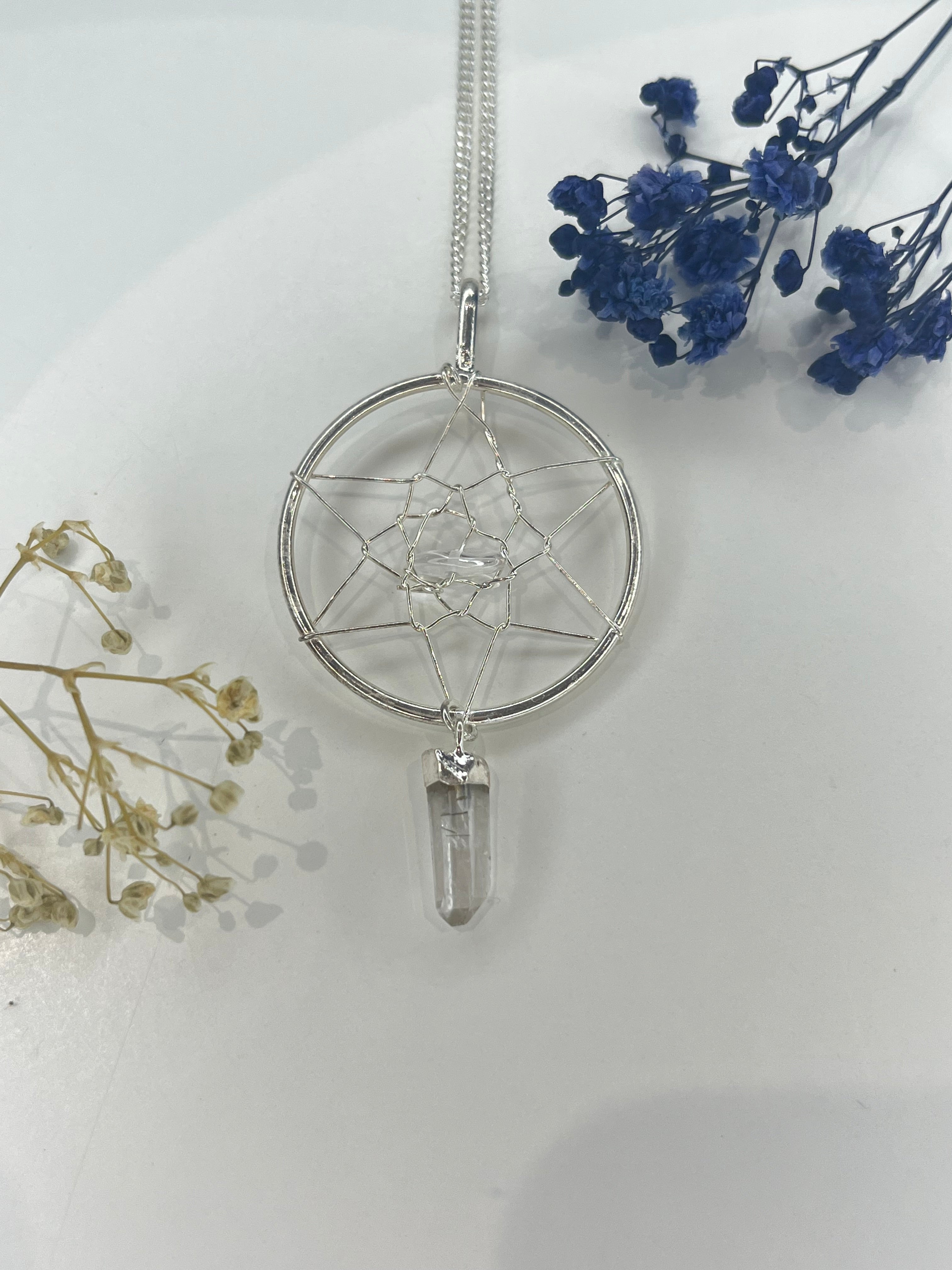 Quartz Dreamcatcher Pendant Necklace - 20” Silver Plated Chain