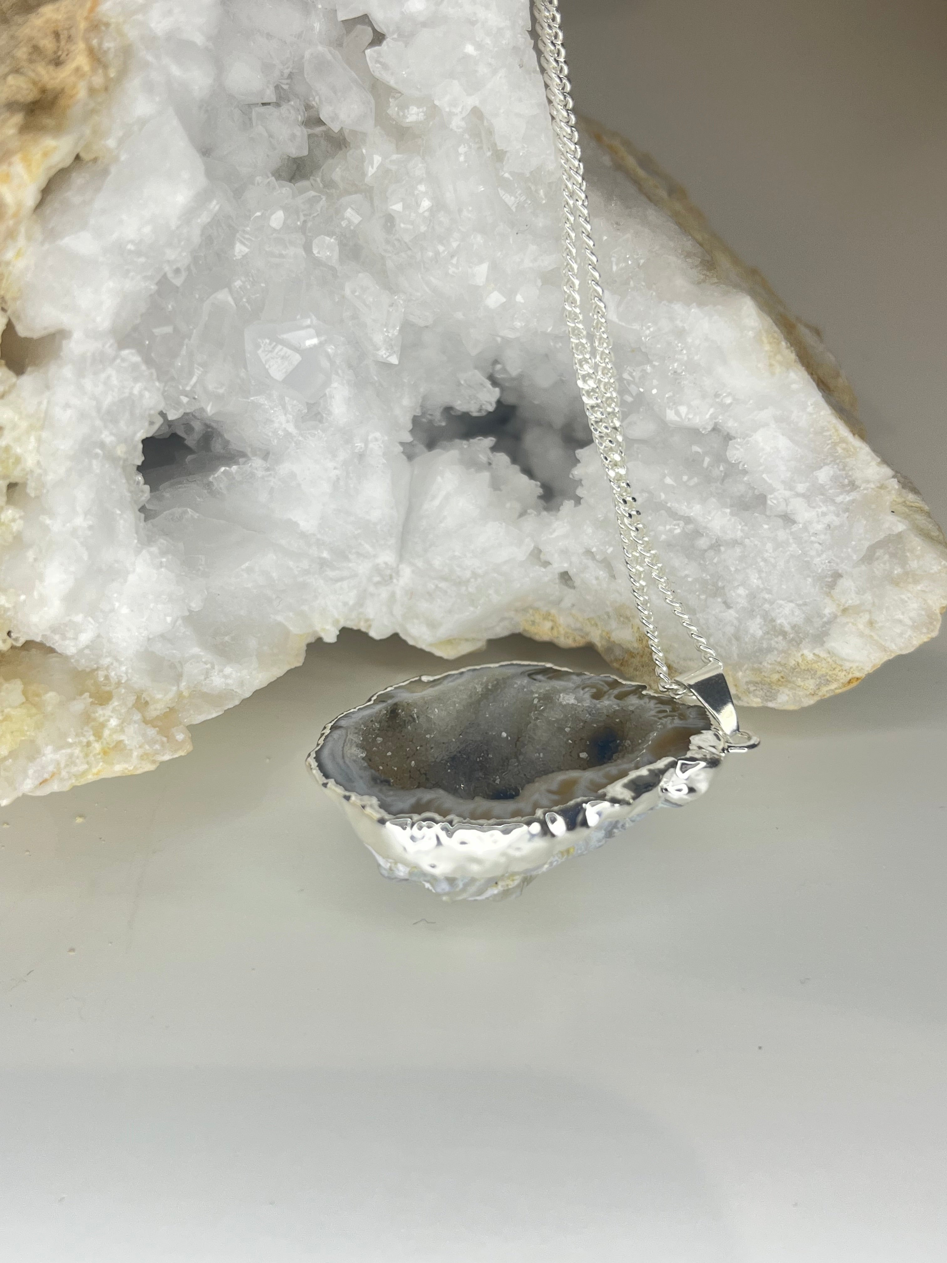Natural Open Agate Geode Necklace - Silver Plated