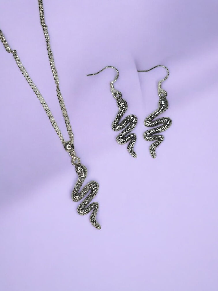 Snake Charm Jewellery Set, Dangly Earring And Necklace Set In Gift Bag
