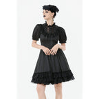 Dark in Love Belladonna Lace-Up High Collar Puff Sleeve Goth Dress  in Black