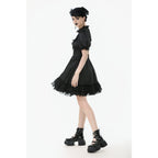 Dark in Love Belladonna Lace-Up High Collar Puff Sleeve Goth Dress  in Black