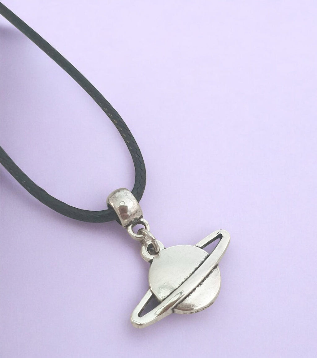 Saturn Moon Charm Necklace Silver Plated Or Waxed Cord Variable Lengths, Gift Packaged
