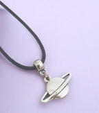 Saturn Moon Charm Necklace Silver Plated Or Waxed Cord Variable Lengths, Gift Packaged