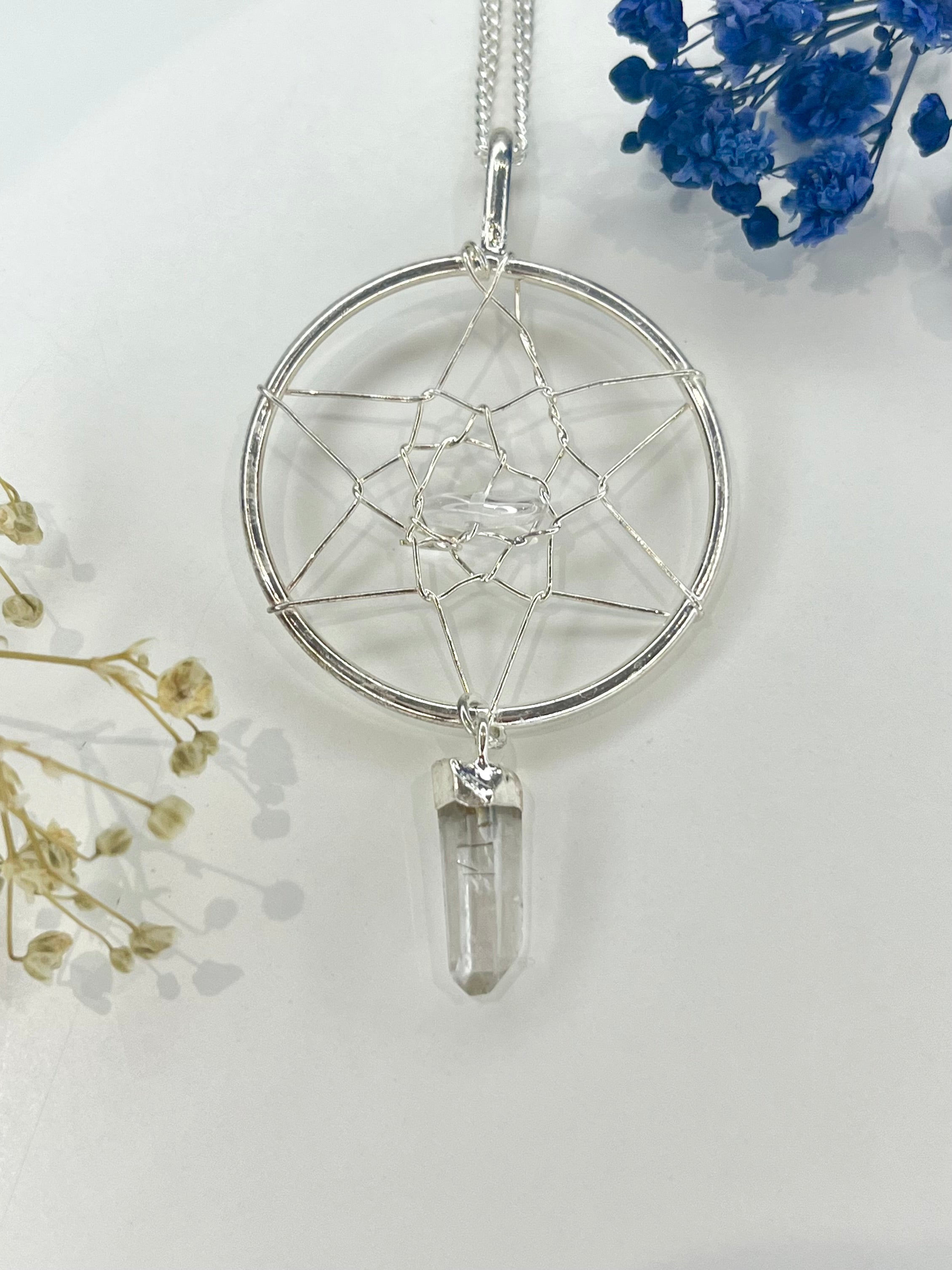 Quartz Dreamcatcher Pendant Necklace - 20” Silver Plated Chain