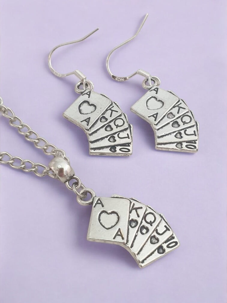 Playing Cards Charm Jewellery Set, Dangly Earring And Necklace Set In Gift Bag
