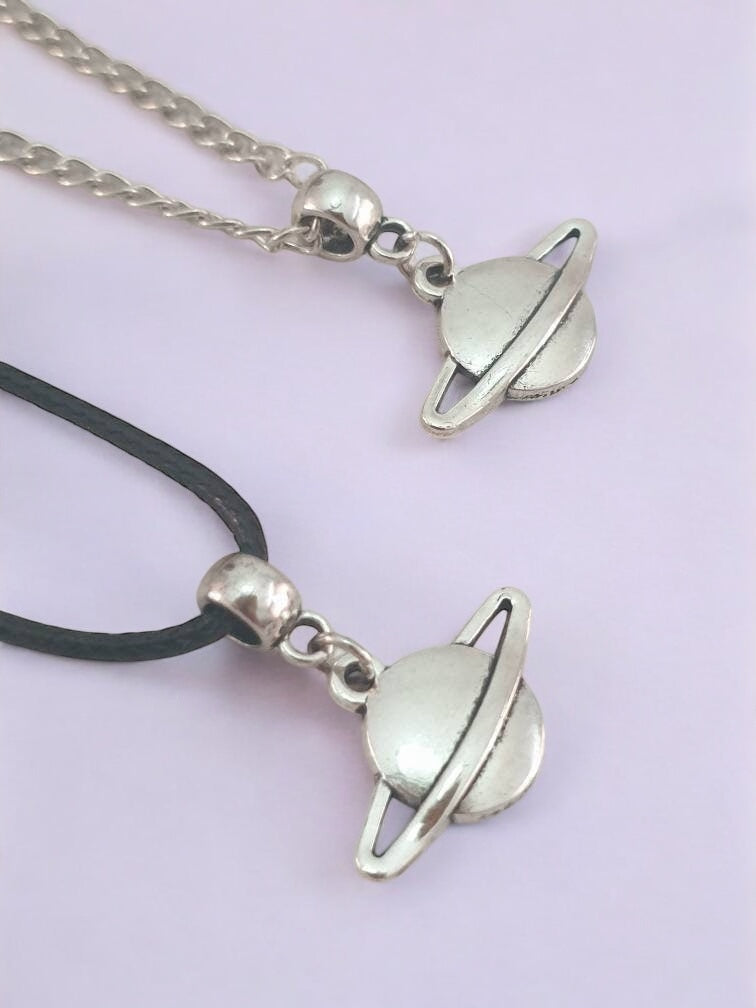 Saturn Moon Charm Necklace Silver Plated Or Waxed Cord Variable Lengths, Gift Packaged