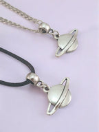 Saturn Moon Charm Necklace Silver Plated Or Waxed Cord Variable Lengths, Gift Packaged